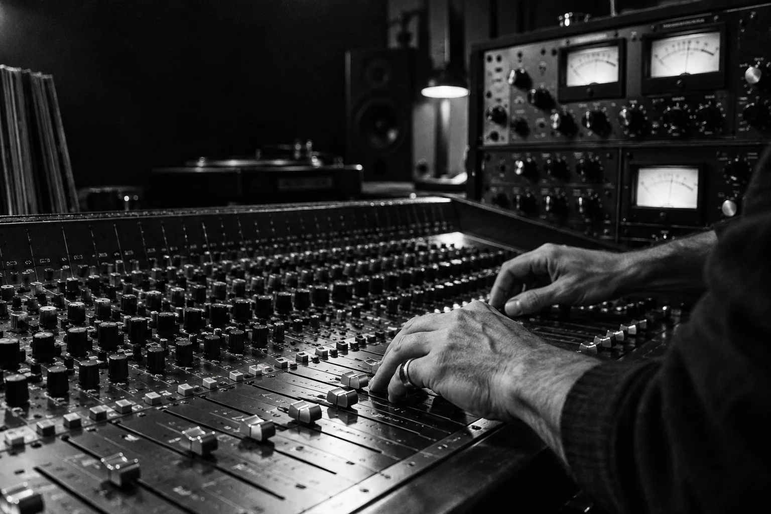 Manos ajustando una consola de mezcla junto a equipos de mastering, en blanco y negro