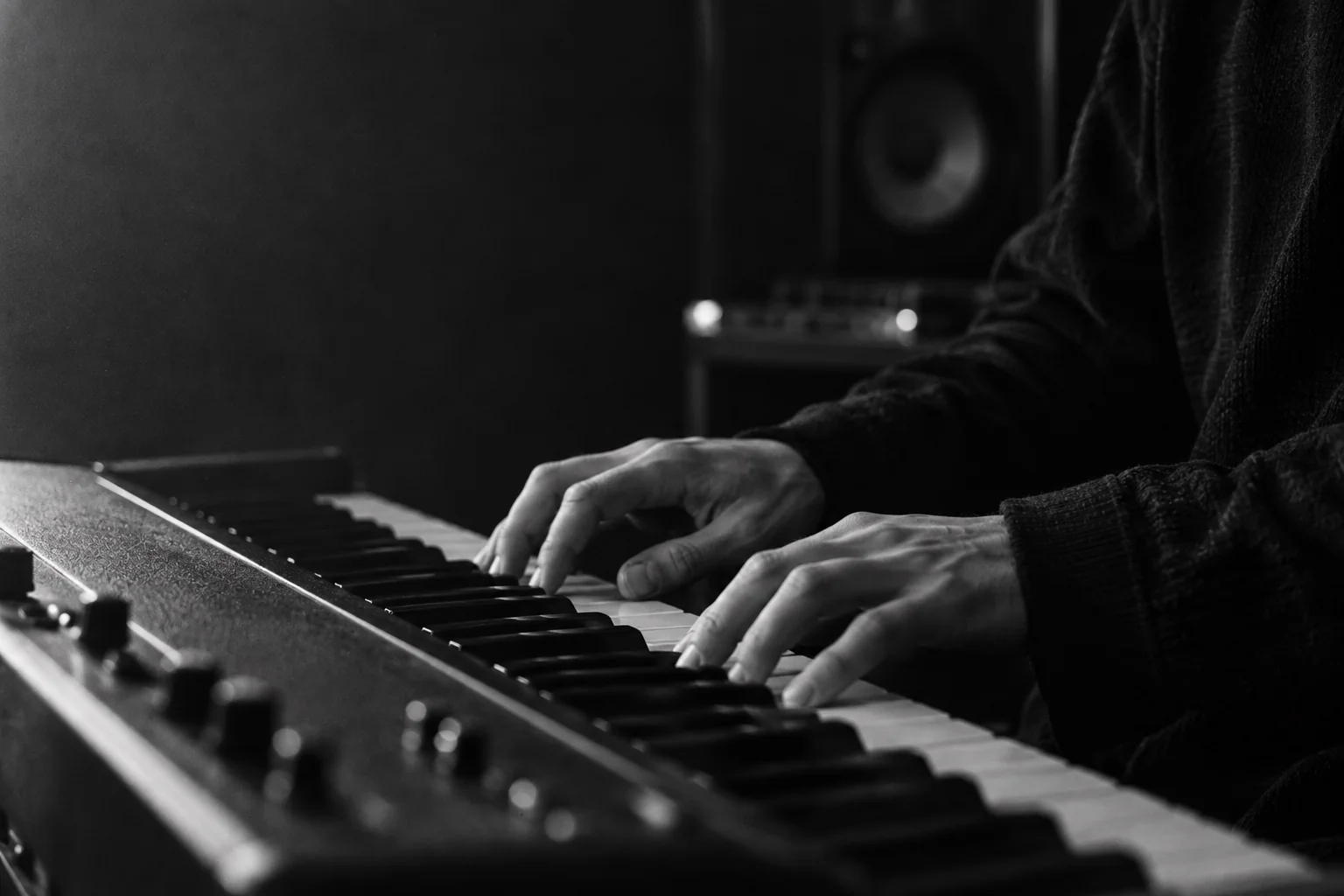 Manos de un músico componiendo sobre las teclas de un piano, en blanco y negro