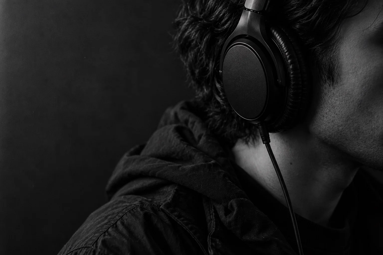 Detalle del perfil de una persona escuchando con audífonos, en blanco y negro