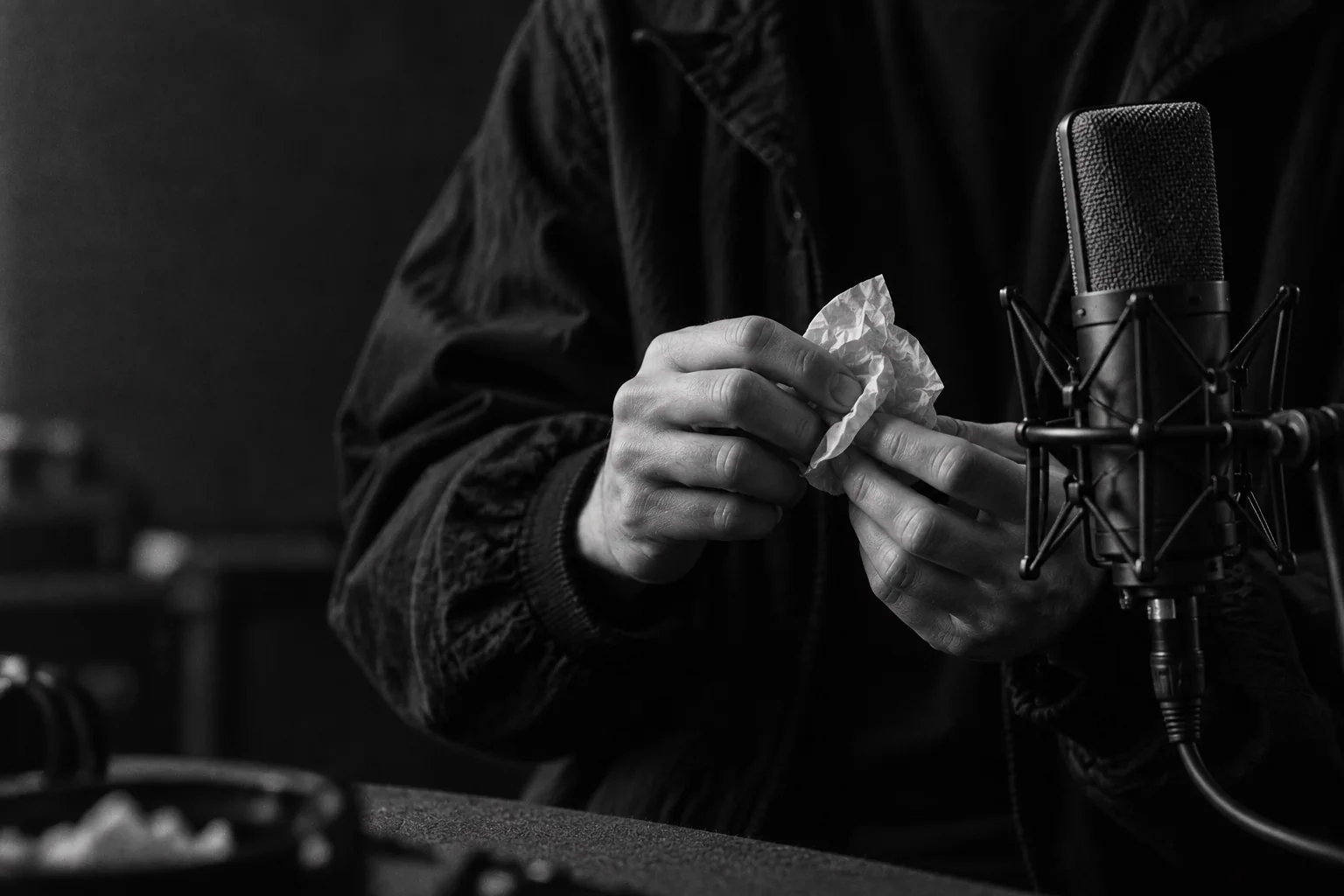 Manos grabando un objeto de foley junto a un micrófono de estudio, en blanco y negro